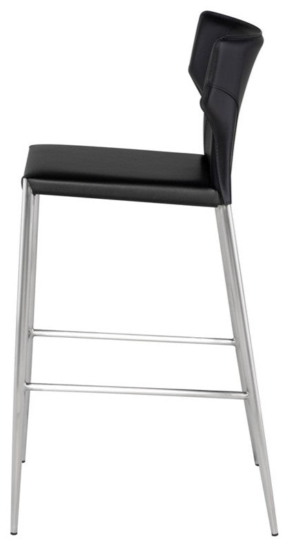 Wayne Bar Stool, Modern Leather Barstool, Brushed Stainless Steel Legs, Black