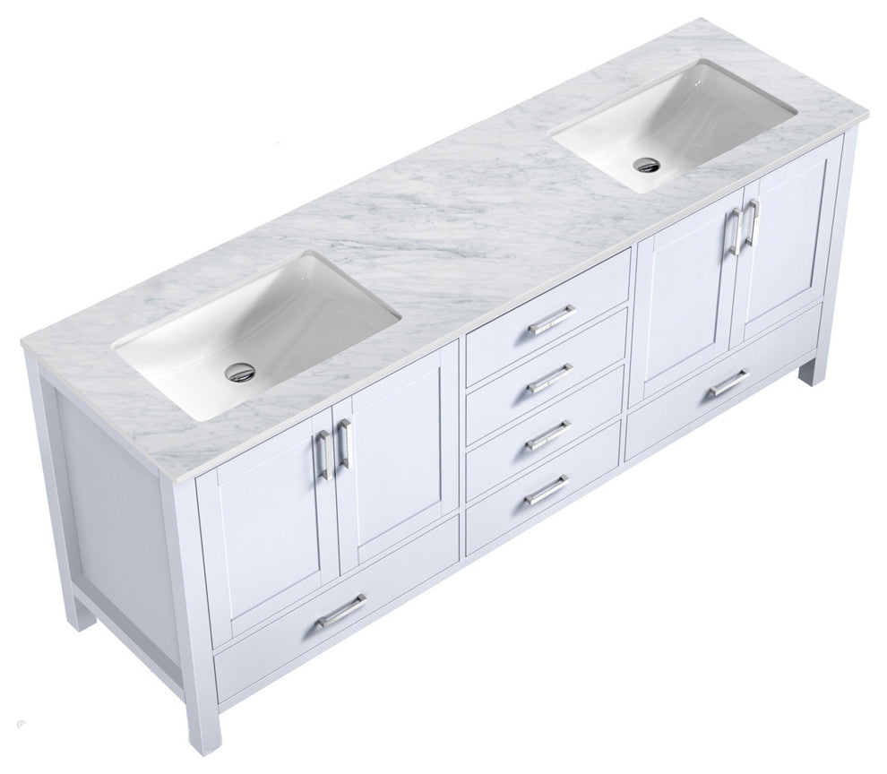 Jacques 80" White DB Vanity, White Carrara Marble Top, Square Sinks, no Mirror