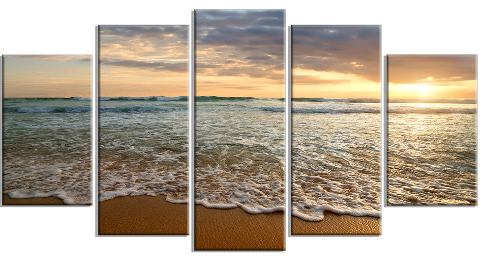 "Bright Cloudy Sunset in Calm Ocean" Seascape Wall Art, 5 Panels, 60"x32"