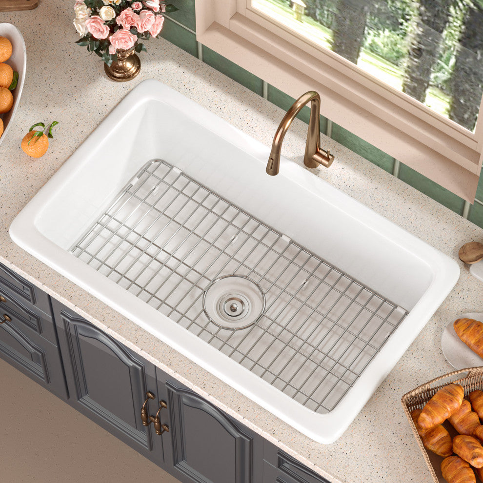 32"L x 19"W Undermount Fireclay Kitchen Sink with Sink Grid and Basket Strainer