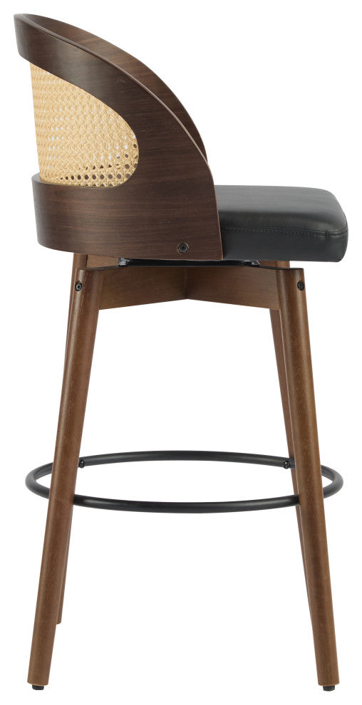 Crystal Rattan Backrest Cushioned Barstools, Set of 2, Dark Walnut/Black