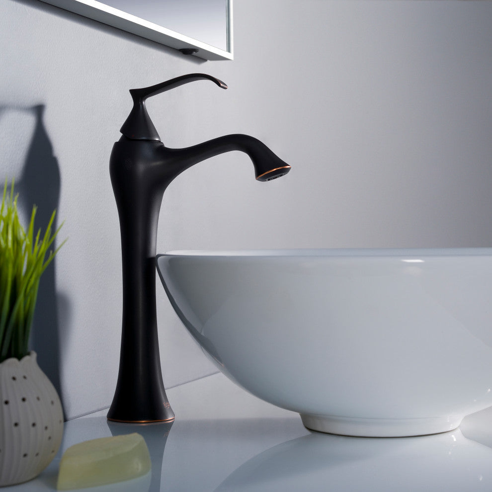 Elavo Ceramic Round Vessel White Sink, PU Drain Oil Rubbed Bronze