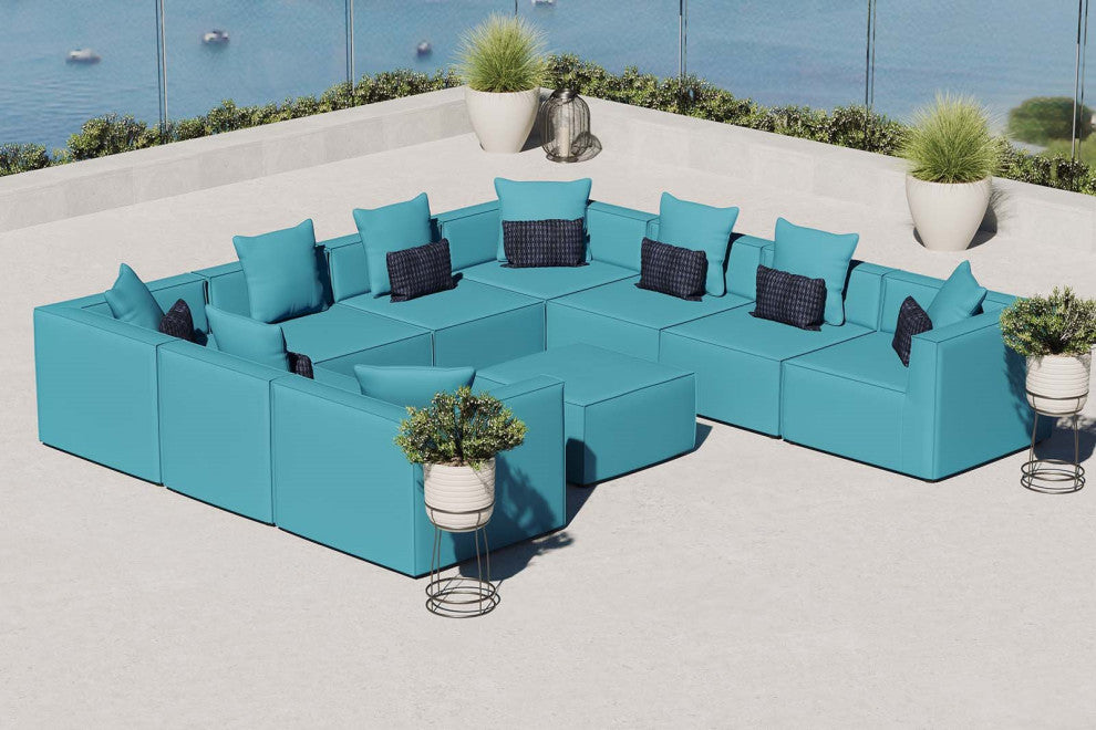 Lounge Sectional Sofa Set, Fabric, Blue, Modern, Outdoor Patio Balcony Garden