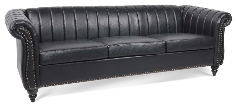 83" Faux leather Rolled Arm Sofa with Nailhead Trim, Black, 83'' X 33''