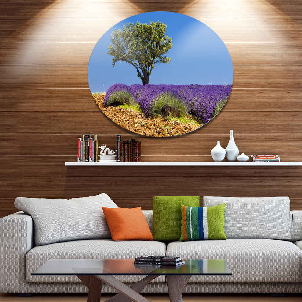 Lone Green Tree In Lavender Field, Landscape Round Wall Art, 23"
