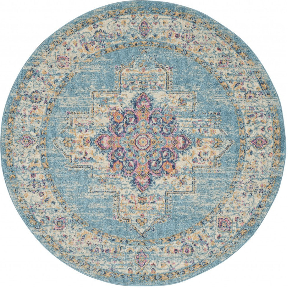 5' Light Blue Round Southwestern Power Loom Area Rug