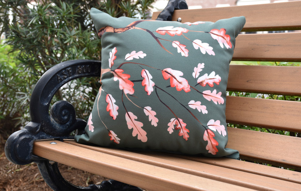 Wild Oak Branch Floral Print Outdoor Decorative Throw Pillow, Dark Green, 16"
