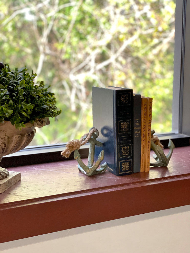 Set of 2 Verdigris Cast Iron Ship Anchor Bookends Nautical Home Decor Sculpture