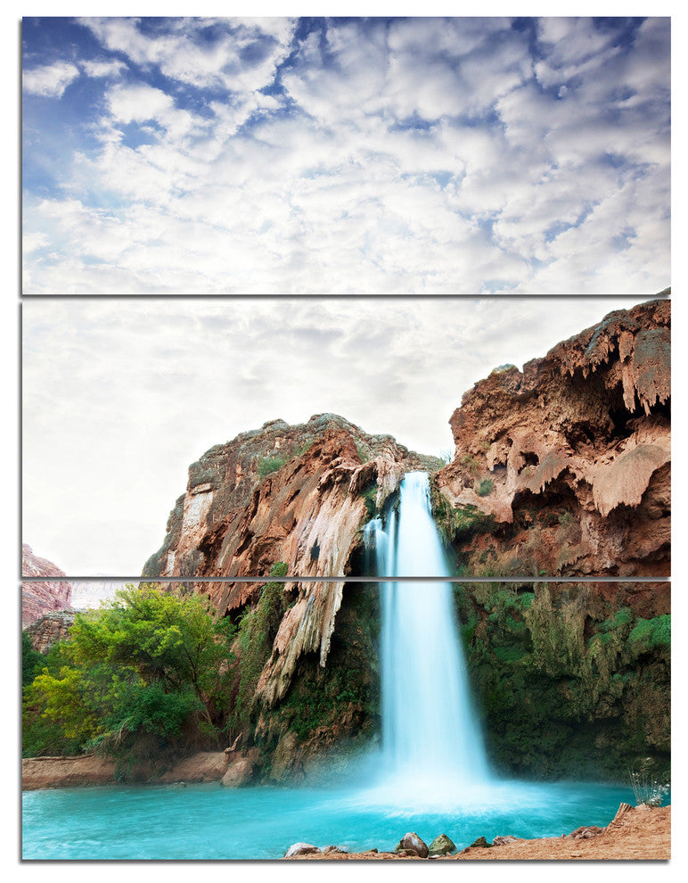 Amazing Waterfall under Cloudy Sky, Landscape Canvas Art, 28x36, 3 Panels