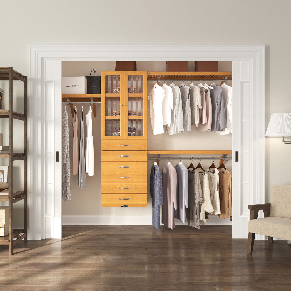 Solid Wood Walk-In Closet Organizer with 6-Drawers and 2-Doors, Honey Maple
