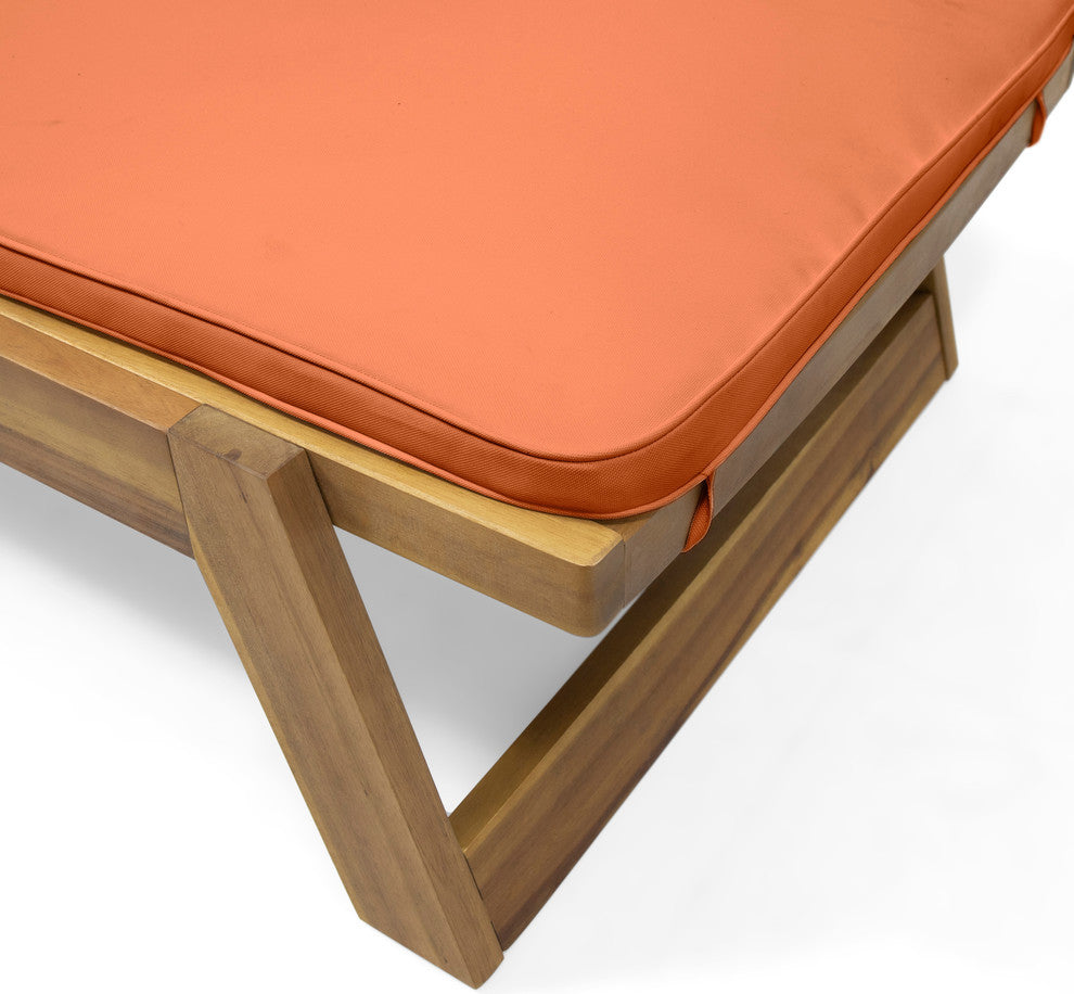Charlotte Outdoor Acacia Wood Chaise Lounge and Cushion Set, Orange