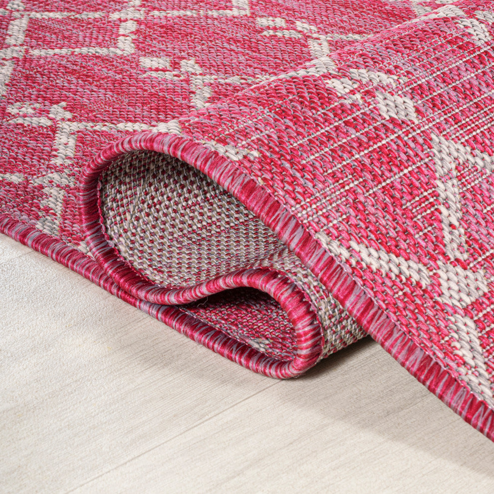 Ourika Moroccan Geometric Indoor/Outdoor Rug, Fuchsia/Light Gray, 5' Square