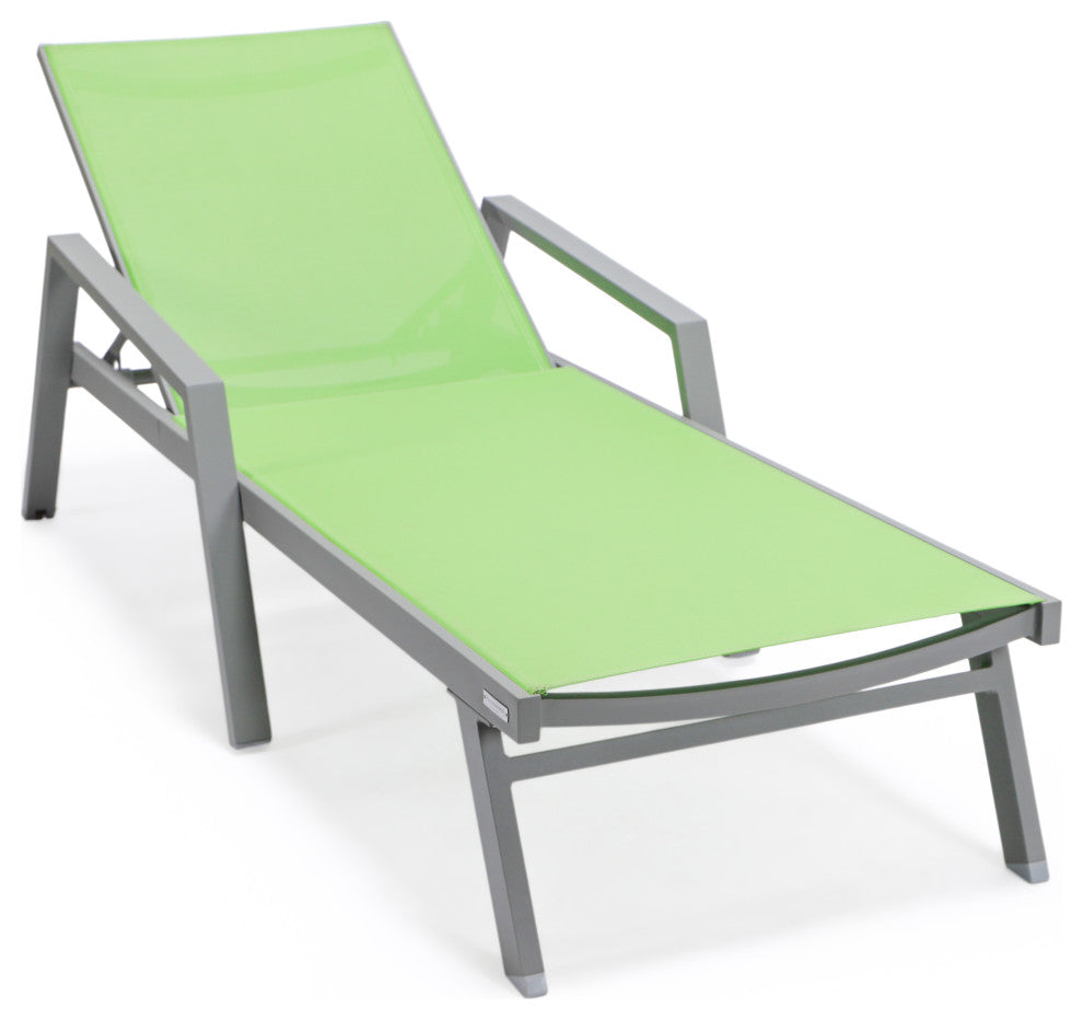 LeisureMod Marlin Patio Chaise Lounge Chair With Arms Gray Frame, Green