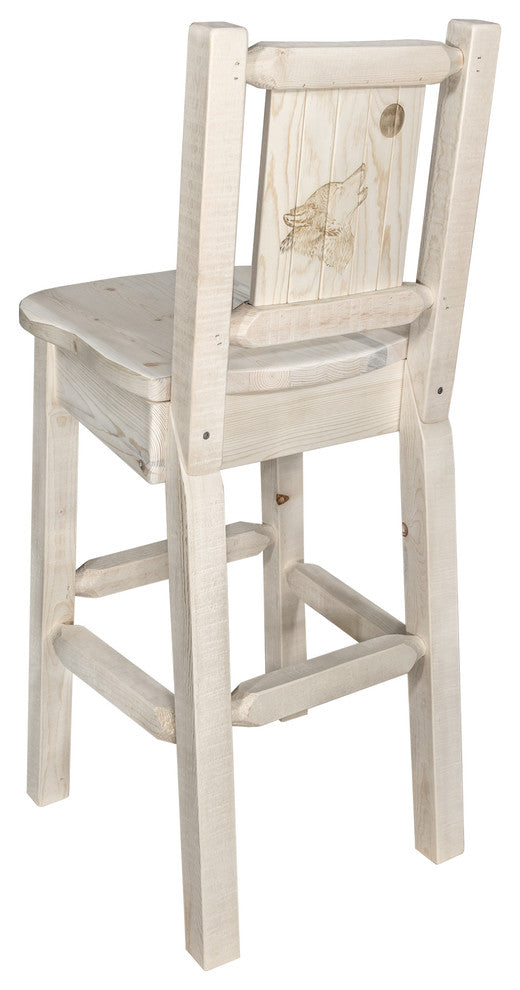 Homestead Barstool With Back, With Laser Engraved Wolf, Clear Lacquer Finish, La