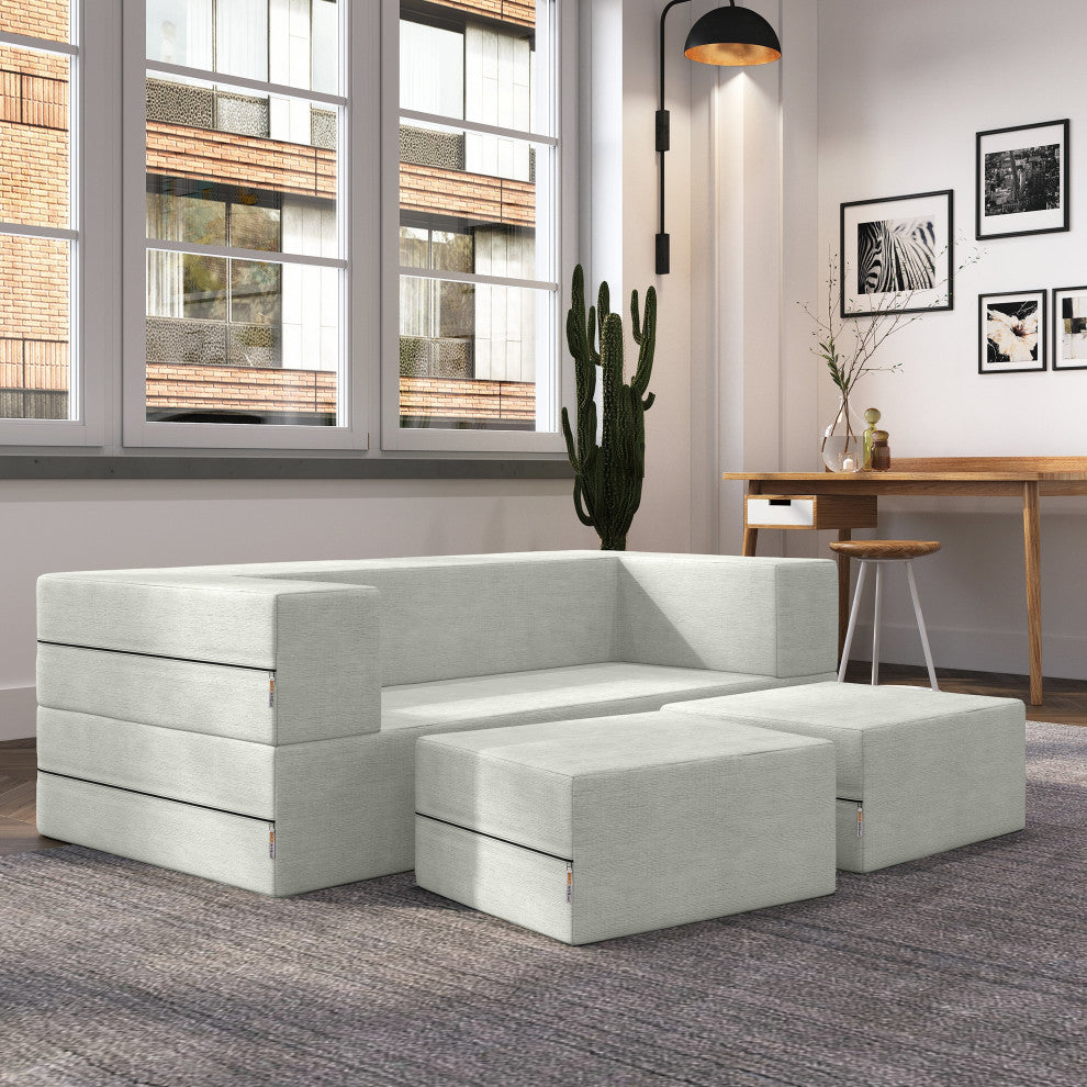 Jaxx Zipline Convertible Sleeper Loveseat & Ottomans, Microvelvet - Ice