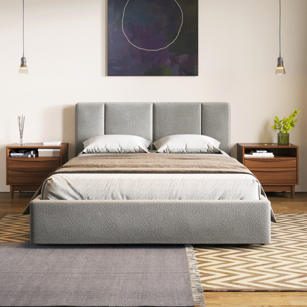 Omax Decor Venice Modern Fabric Upholstered Platform Bed, Grey Boucle, Queen