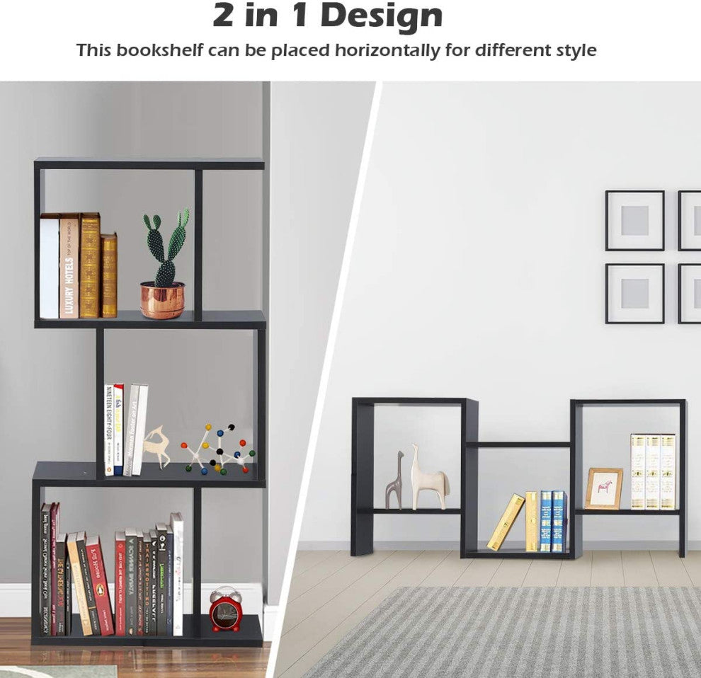 3-Tier Bookshelf S Shaped Bookcase, Free Standing Industrial Storage Rack