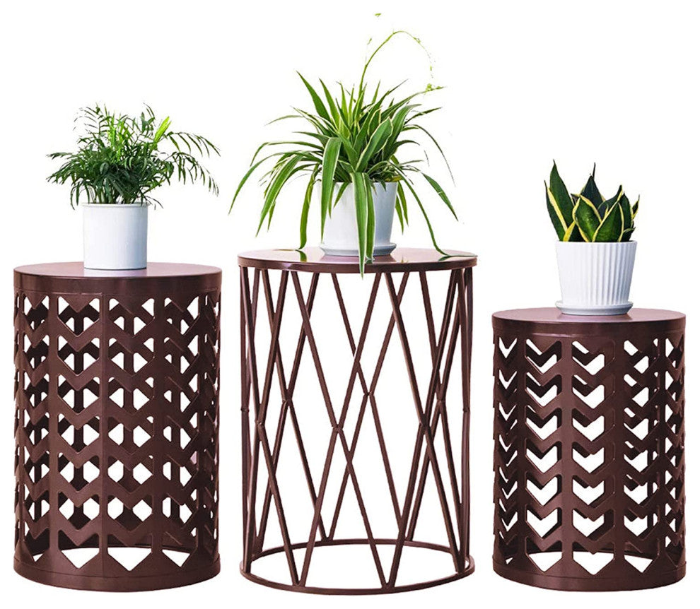 Outdoor Garden Stool Set of 3 with Metal Frame , Brown