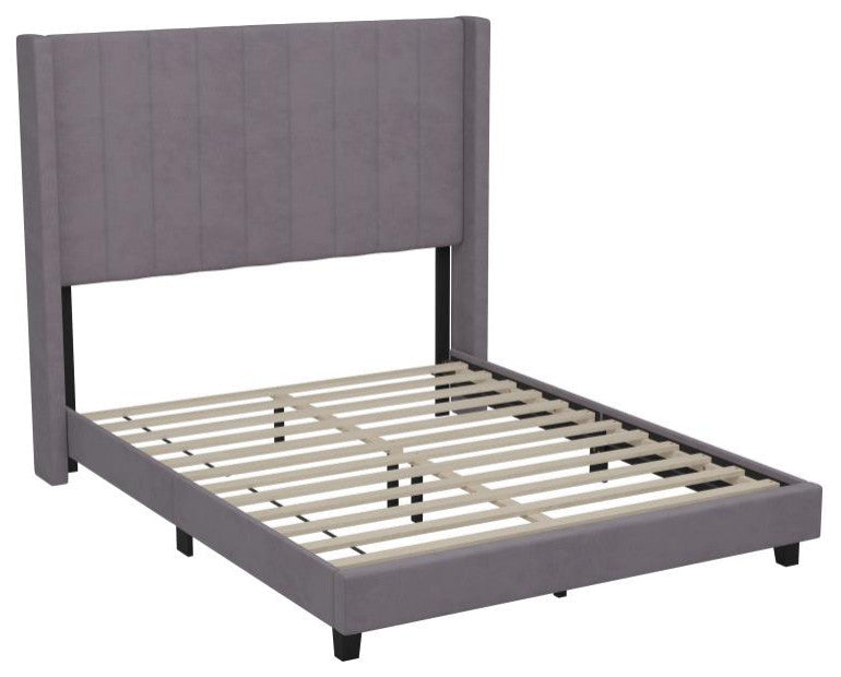 Bianca Upholstered Platform Bed w/Vertical Stitched Wingback Headboard, Gray Velvet, Full