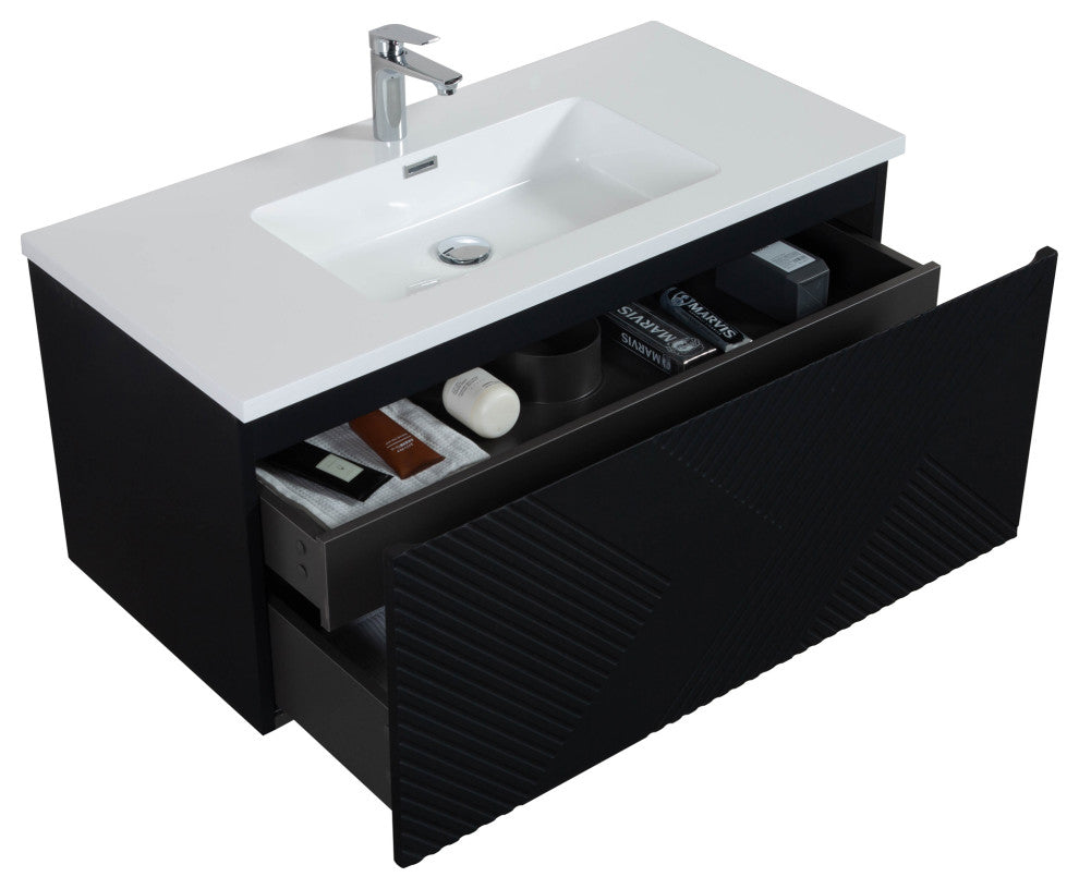 Matte Black Wall Mount Bath Vanity, Integrated Sink, White Sink, 36"
