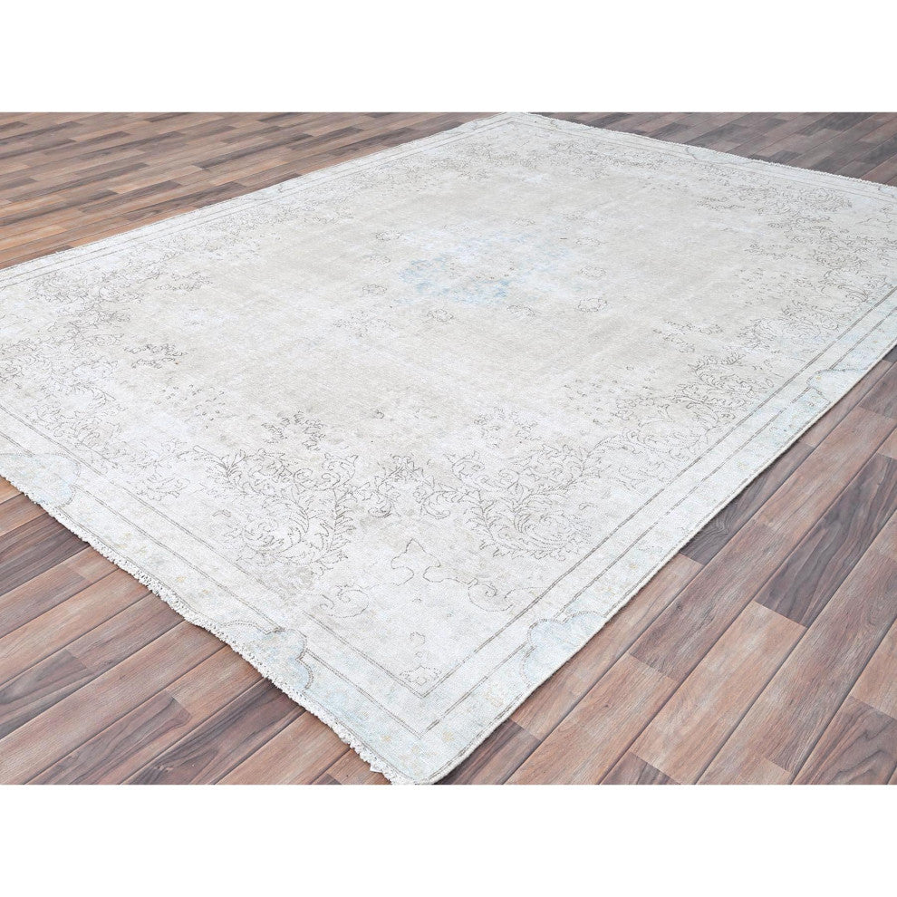 White, Natural Wool, Hand Knotted, Vintage Persian Kerman, Rug, 7'2"x9'10"