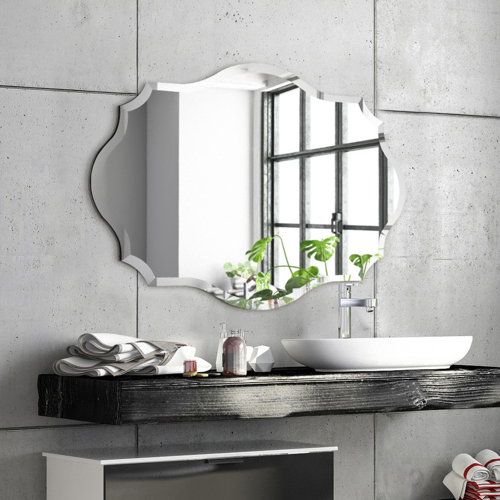 Frameless Beveled Oblong Scalloped Wall Mirror, 1"-Beveled Edge, 30"x40"