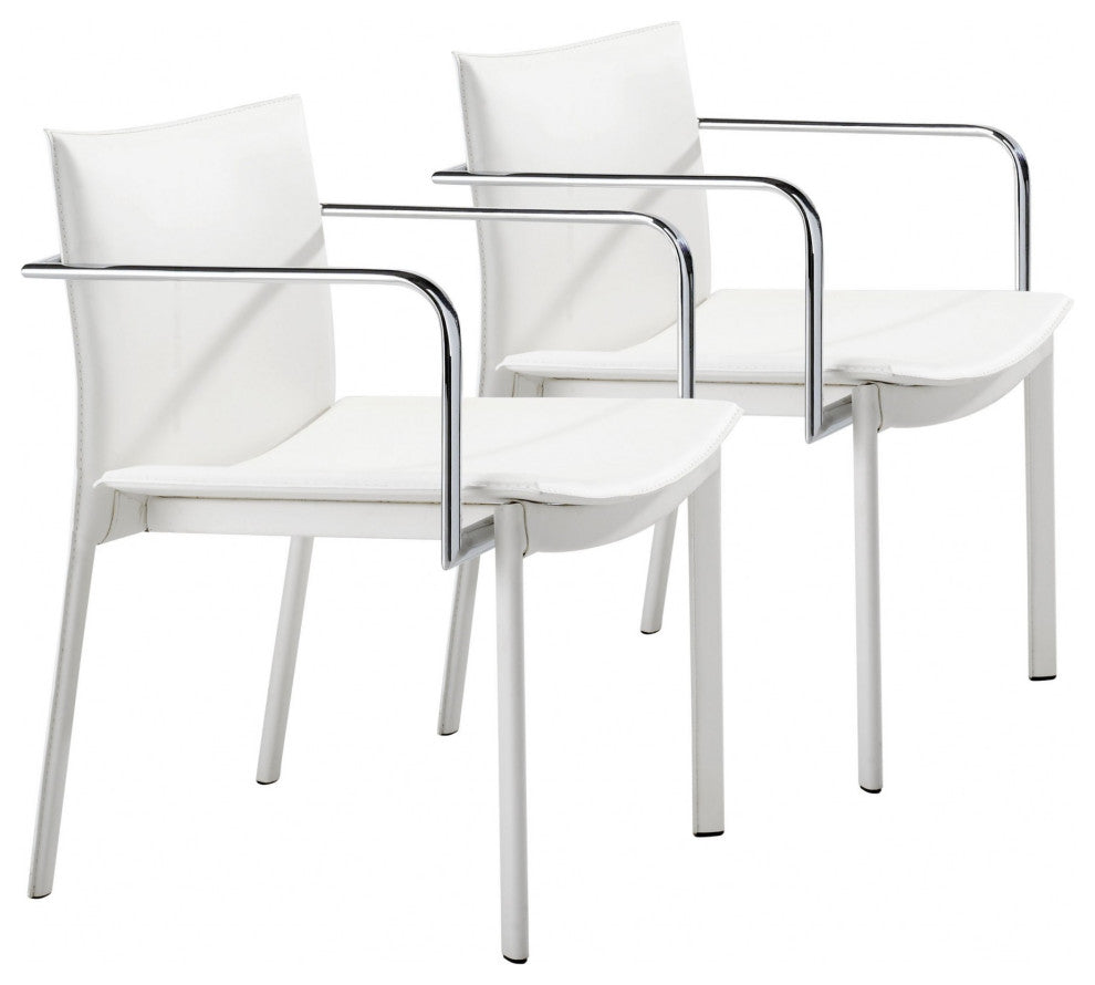 Set of Two Chrome White Faux Leather Armchairs