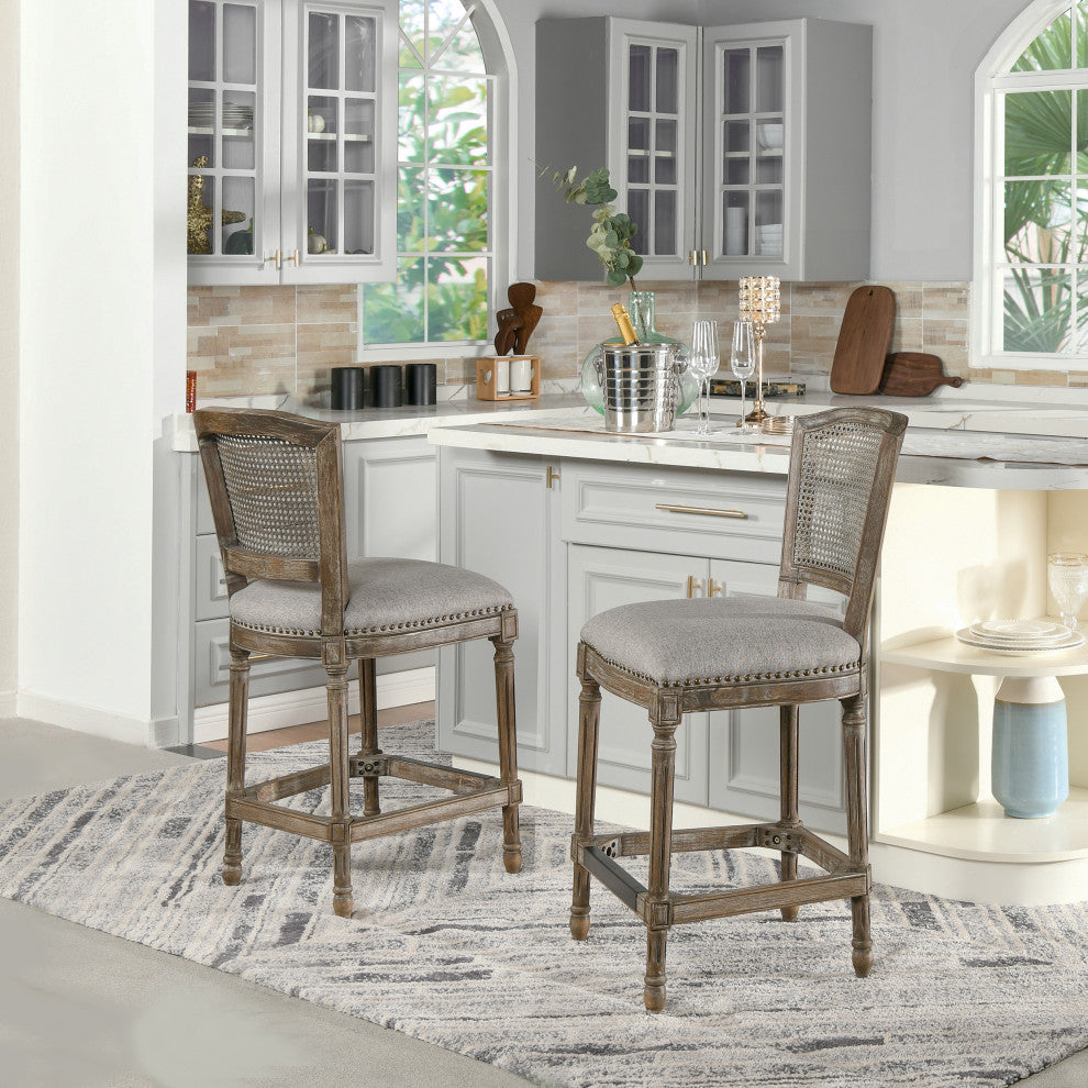 Triomphe 26.5" Oak Rattan Wicker Counter Stool, Heathered Gray Linen