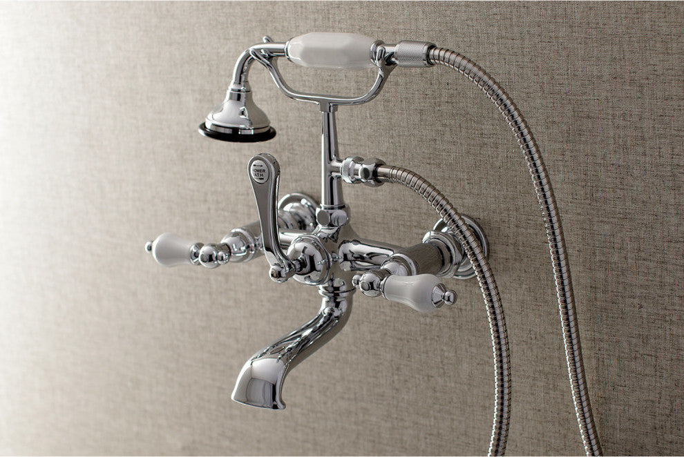 Aqua Vintage 7" Wall Mount Tub Faucet With Hand Shower, Polished Chrome