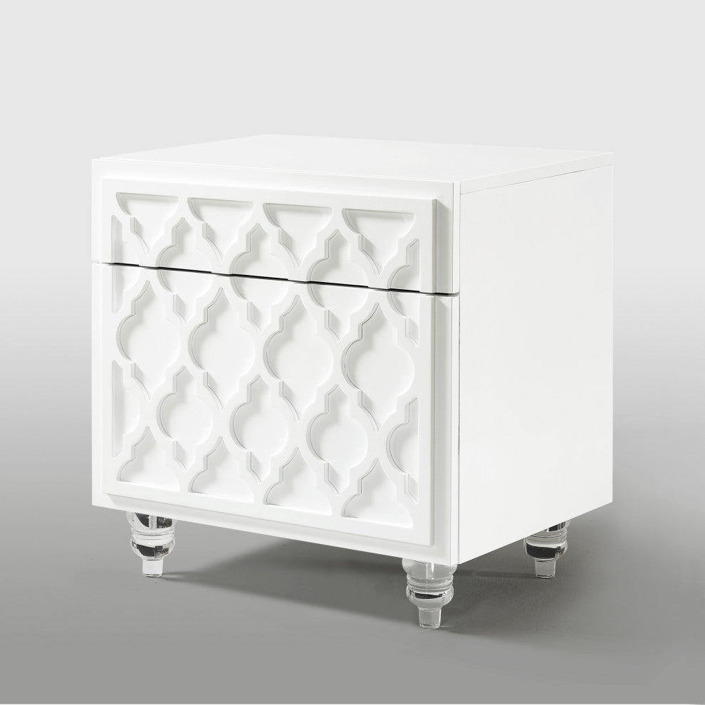 Henie Trellis Design Lacquer-Finish Lucite Leg Side Table, White
