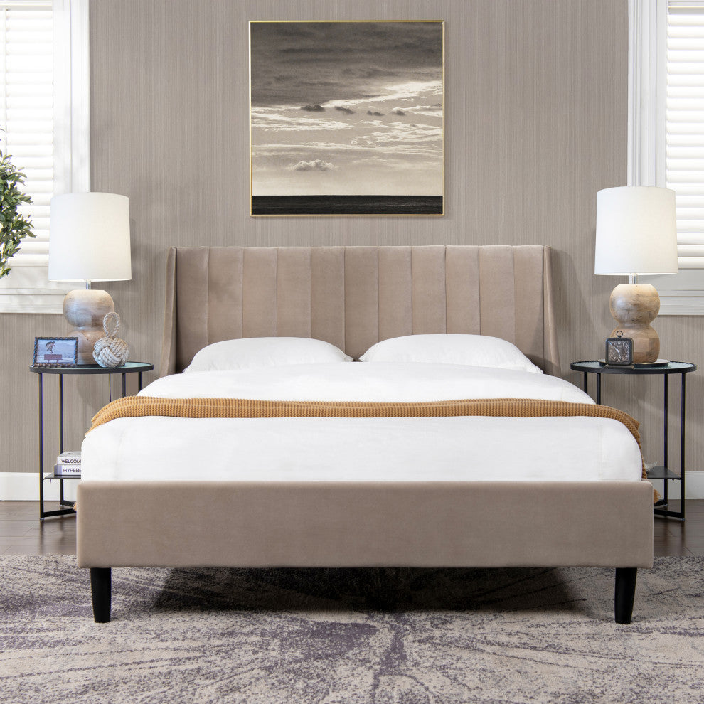 Aspen Modern Vertical Tufted Upholstered Platform Bed, Mink Beige Performance Velvet, Queen