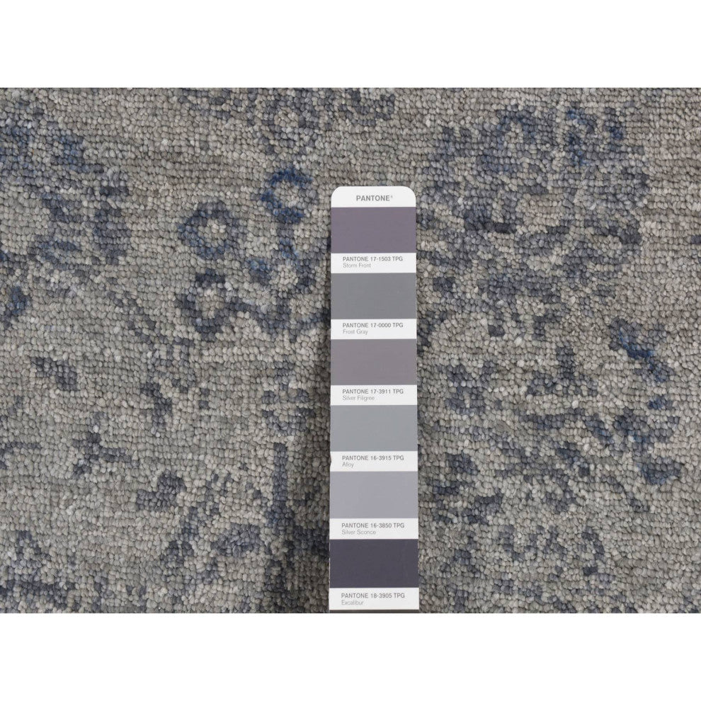 Carbon Gray, Abstract Design Wool and Silk, Hand Knotted Runner Rug, 3'1"x8'3"