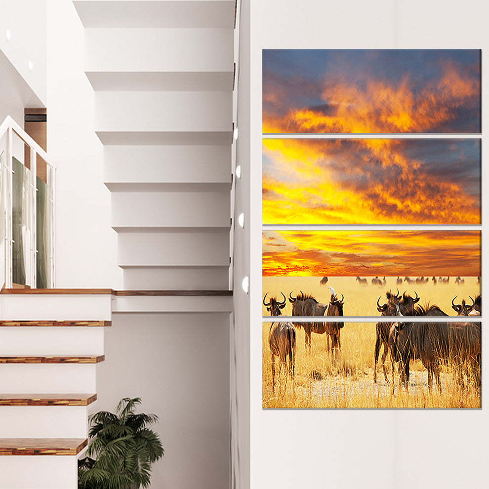 Antelope Crowd At Sunset, African Canvas Art Print, 28"x48", 4 Panels