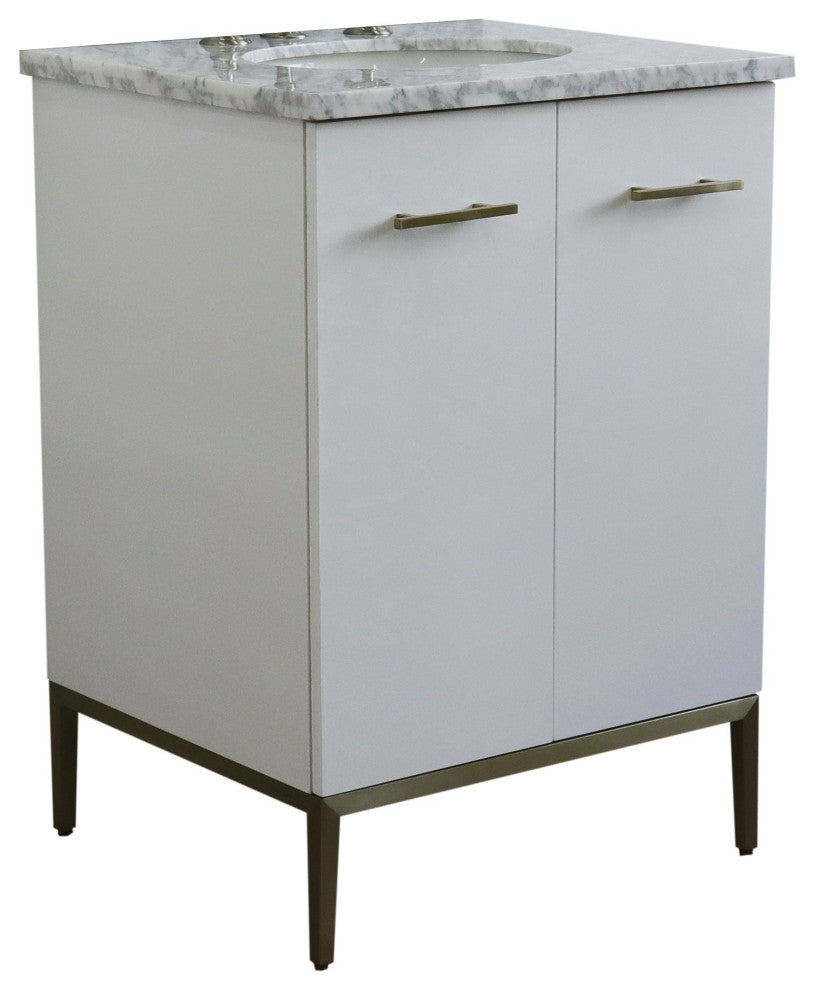 25" Single Sink Vanity, White Finish With White Carrara Marble And Oval Sink