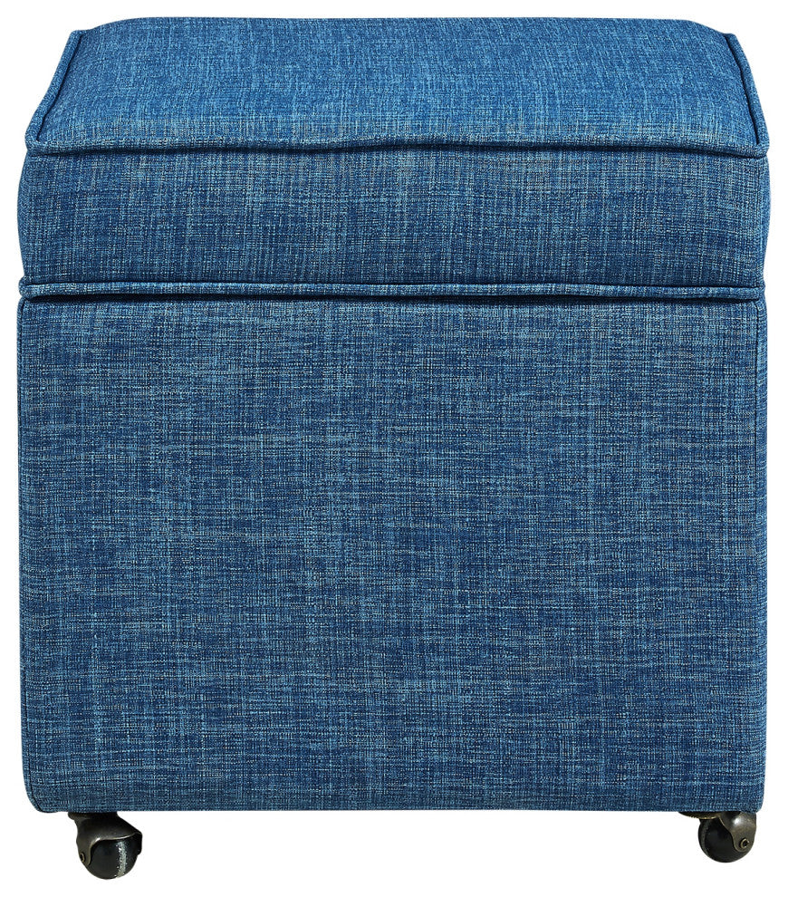 Lionel Linen Hidden Storage Castered Legs Ottoman Cube, Blue