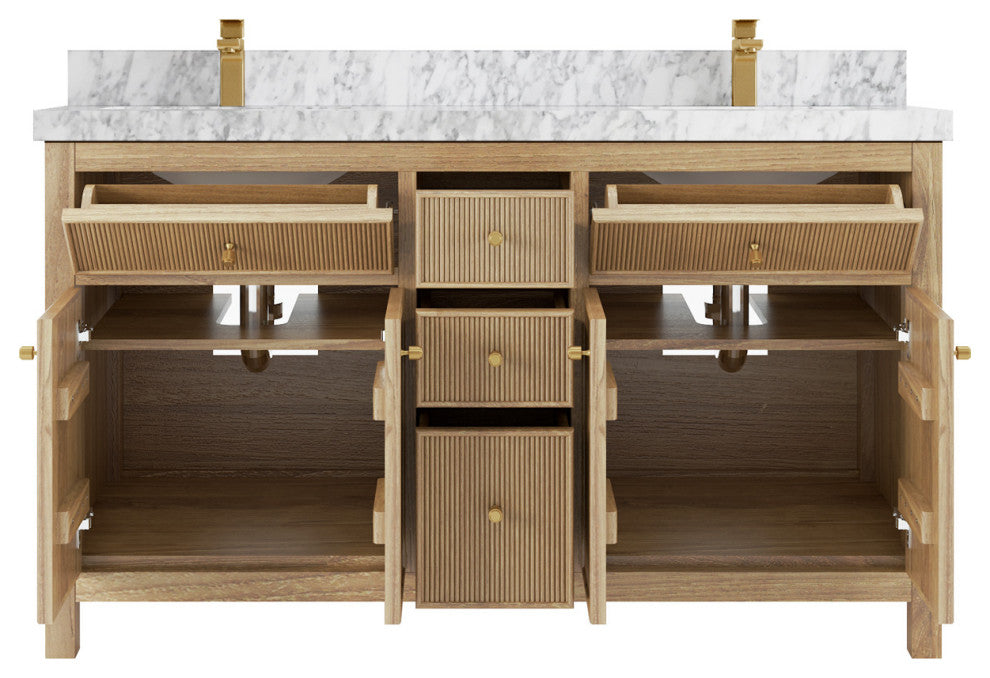 Sonoma 60 Double Bathroom Vanity in Light Natural Teak with 2" Carrara Marble