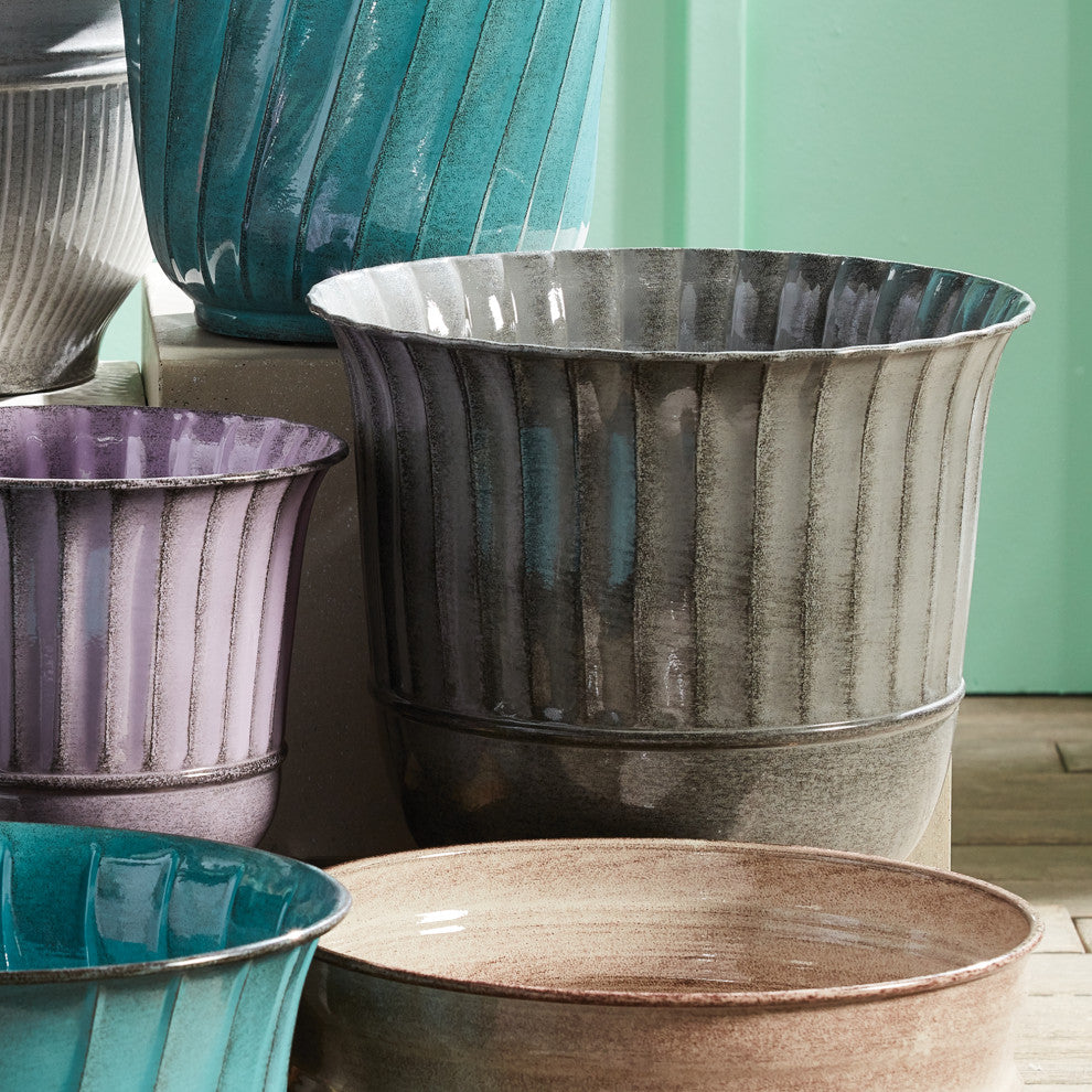 Classic Set of 3 Ribbed Metal Planters Gray 14 in Elegant Outdoor Safe