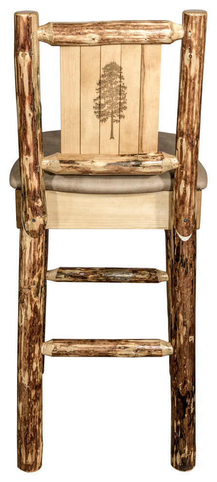 Glacier Country Counterstool Buckskin Upholstery, With Laser Engraved Pine Tree