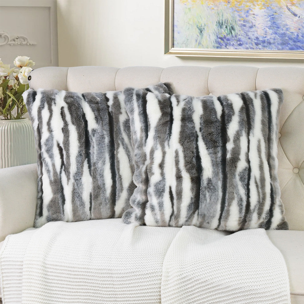 Multi Jacquard Faux Fur Pillow Covers Set of 2, Gray, 26''x26''