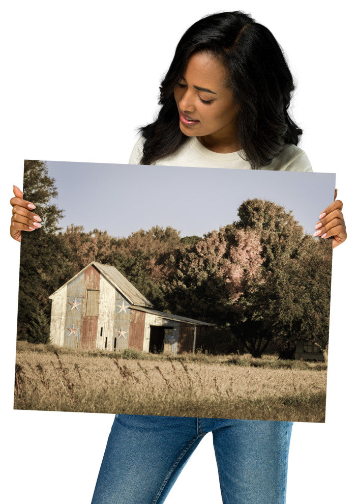 Patriotic Barn in Field Aged Landscape Photo Unframed Wall Art Print, 16" X 20"