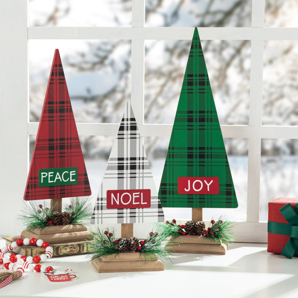 3-Piece Set Wooden Christmas Plaid Table Tree
