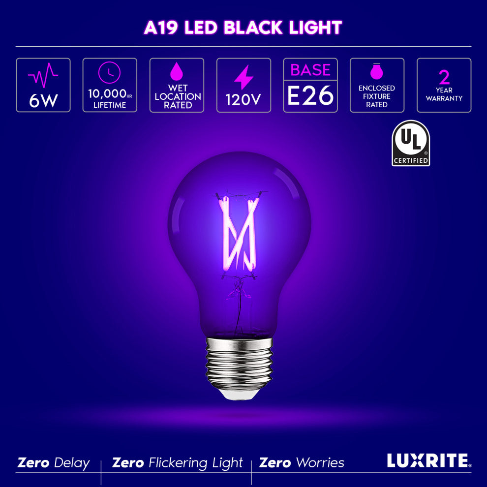 Luxrite A19 UV LED Black Light Bulb Enclosed Fixture Rated E26 6-Pack