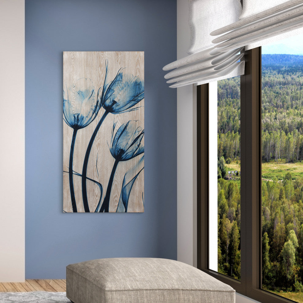 Blue Tulip Wall Art X-Ray Photography Giclee Printed on Hand Finished Ash Wood