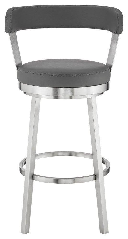 26" Chic Gray Faux Leather With Stainless Steel Finish Swivel Bar Stool