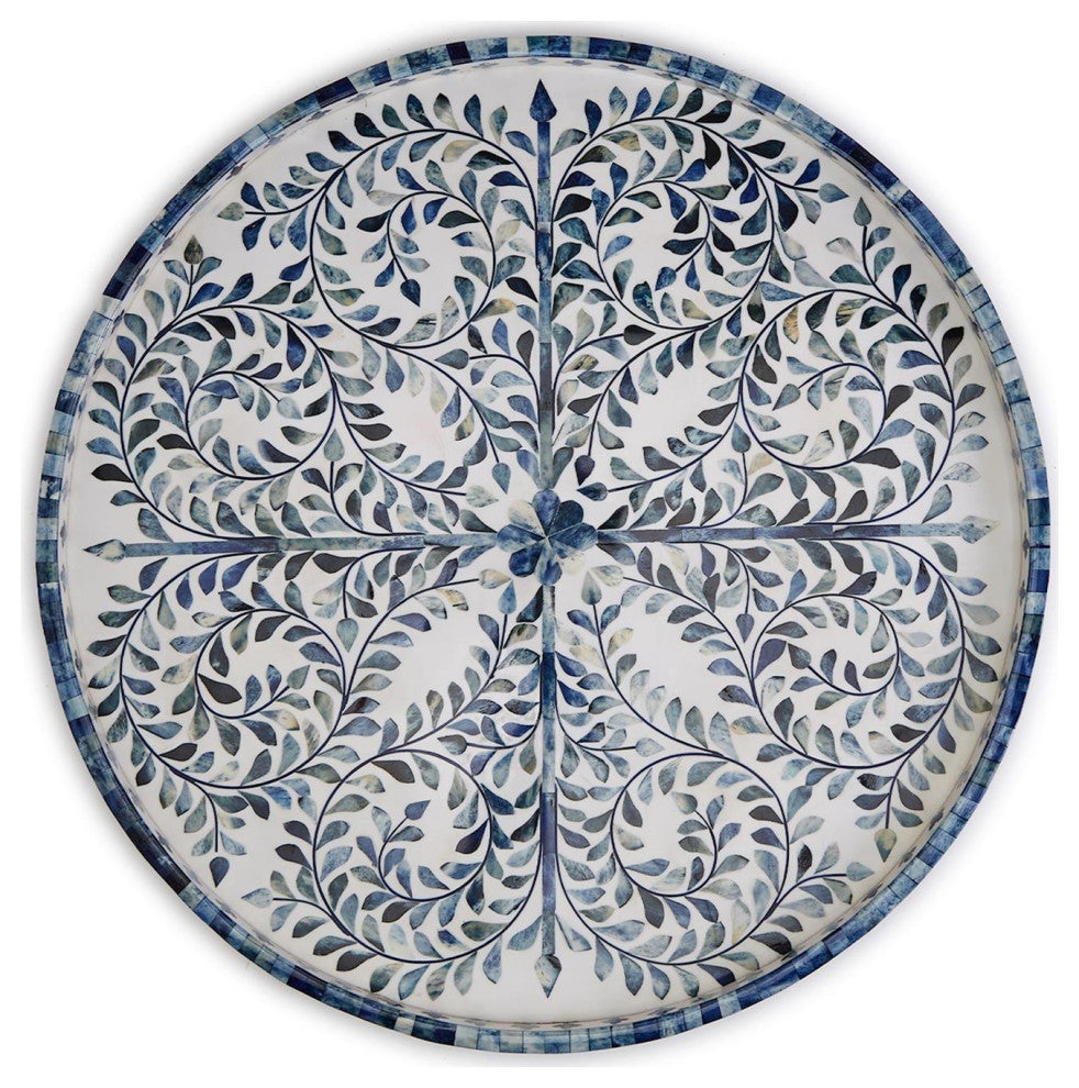 Two's Company Jaipur Palace Blue and White Inlaid Decorative Round Serving Tray