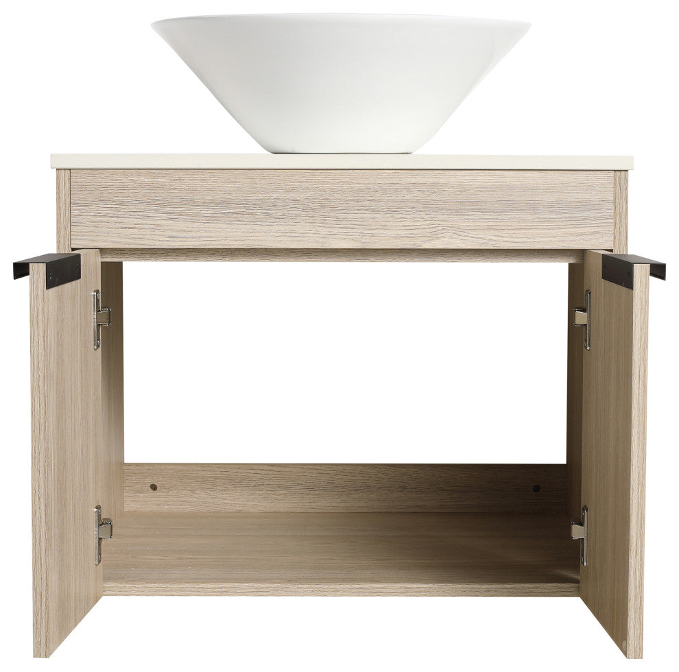 Wall-Mounted Bath Vanity, White Oak, White Ceramic Vessel Sink