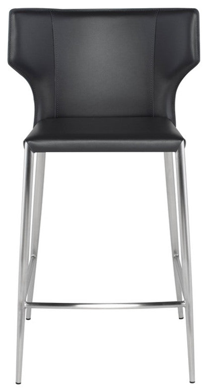 Wayne Bar Stool, Modern Leather Barstool, Brushed Stainless Steel Legs, Gray