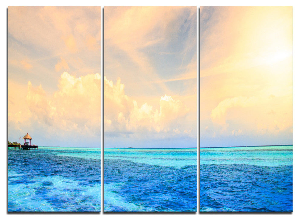 "Maldives Bungalows Sunset Panorama" Metal Wall Art, 3 Panels, 36"x28"
