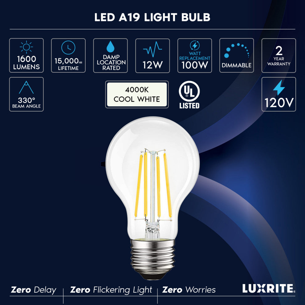 Luxrite Vintage A19 LED Light Bulb 1600LM 4000K Dimmable 12W Damp 2PK