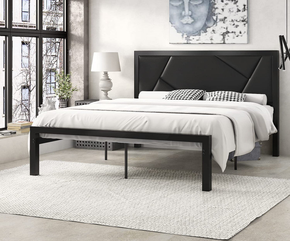Modern Full Size Metal Bed Frame with Geometric Litchi Grain Leather Headboard